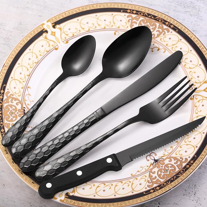 30 Pcs Black Hammered Silverware Set Service for 6,with Steak Knives Stainless Steel Flatware Set,Mirror Cutlery Utensil,Durable Kitchen Tableware,Ripple Teardrop Fork Knife Spoon,Dishwasher Safe
