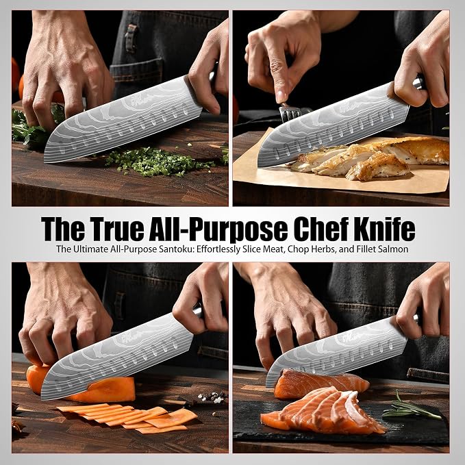 Santoku Knife 7 Inch - Ultra Sharp Japanese Steel Kitchen Knife, All-Purpose Chef Knife with Ergonomic Handle, Perfect for Slicing, Dicing, and Chopping, Luxury Gift Box Included