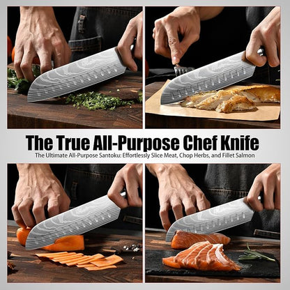 Santoku Knife 7 Inch - Ultra Sharp Japanese Steel Kitchen Knife, All-Purpose Chef Knife with Ergonomic Handle, Perfect for Slicing, Dicing, and Chopping, Luxury Gift Box Included