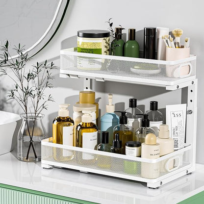 Under Sink Organizer 2 Pack, High Adjustable 2 Tier Under Sink Organizers and Storage, Slide out Metal Cabinet Organizers, Pull out Storage Drawer Shelf for Kitchen Bathroom Cabinet