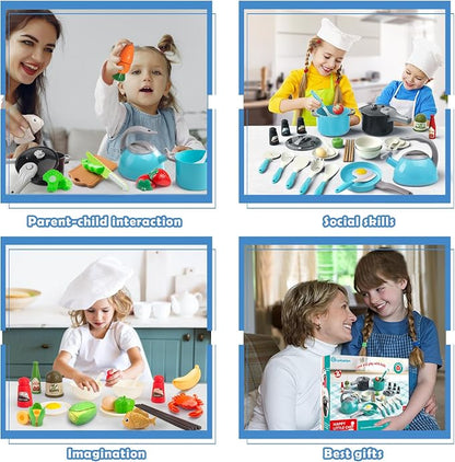 Bruvoalon 67Pcs Kids Play Kitchen Toys Set, Toddlers Pretend Cooking Playset Acccessories with Pots Pans, Utensils Cookware, Foods, Canned Veges, Learning Gift for Kids Girls Boys (Turquoise)