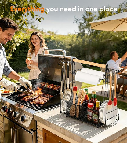 Grill Caddy Barbecue Tool Sets for Outdoor Grill, Picnic BBQ Caddy Picnic Utensil Condiment Organizer, BBQ Accessories Camping Gifts with Paper Towel Holders, Compartments & Hooks