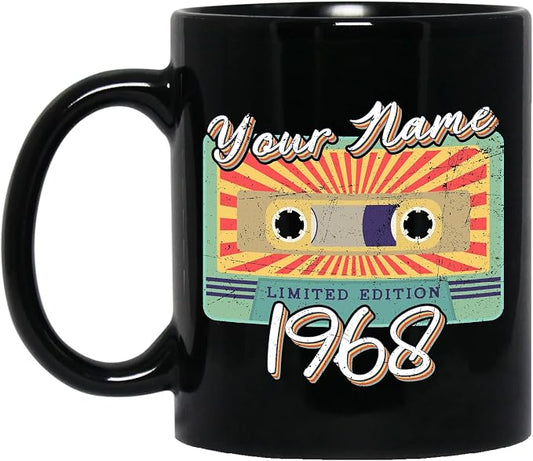 Personalized Vintage Cassette Tape Vintage 1968 Mug, Custom Your Name, 1968 Retro Coffee Mug, 54th Birthday Present Gifts, 1968 Birthday Gift For Friends Family, Customizable Black Tea Cups