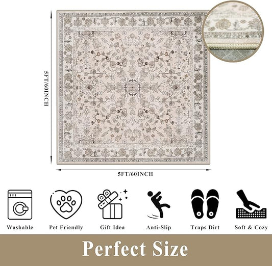 5x5 Square Washable Rug for Living Room: Non Slip Indoor Entryway Foot Carpet for Kitchen, Boho Soft Beige 5ftx5ft Low Pile Neutral Area Rug for Dining Room Bathroom (Beige, 5x5)