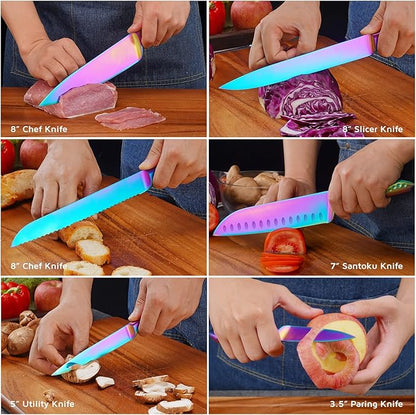 Rainbow Knives Block Set 7 Pieces, Iridescent German High Carbon Stainless Steel Kitchen Knives Pack with Universal Knife Holder