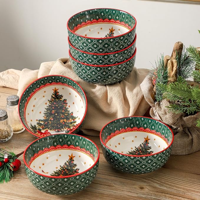glowworm Cereal Bowls, 26 Oz Soup Bowls Set of 6, Deep Bowls Set for Rice, Oatmeal, Dessert, Dishwasher & Microwave Safe, Green Tree