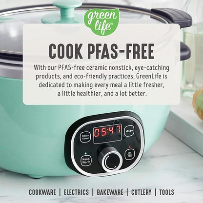 GreenLife 6QT Ceramic Slow Cooker, PFAS-Free, Programmable, Removable Healthy Nonstick Pot for Family Meals, Sear on Stovetop, Keep Warm, Digital Timer, Dishwasher Safe Crock, Turquoise