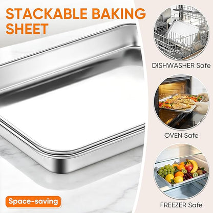 LIANYU 2 Pack Cookie Sheets for Baking, Stainless Steel Baking Tray Pan, 16x12 Inch Jelly Roll Pan for Oven, Healthy Metal Tray for Home Bakery Hotel Restaurant, Heavy Duty & Dishwasher Safe