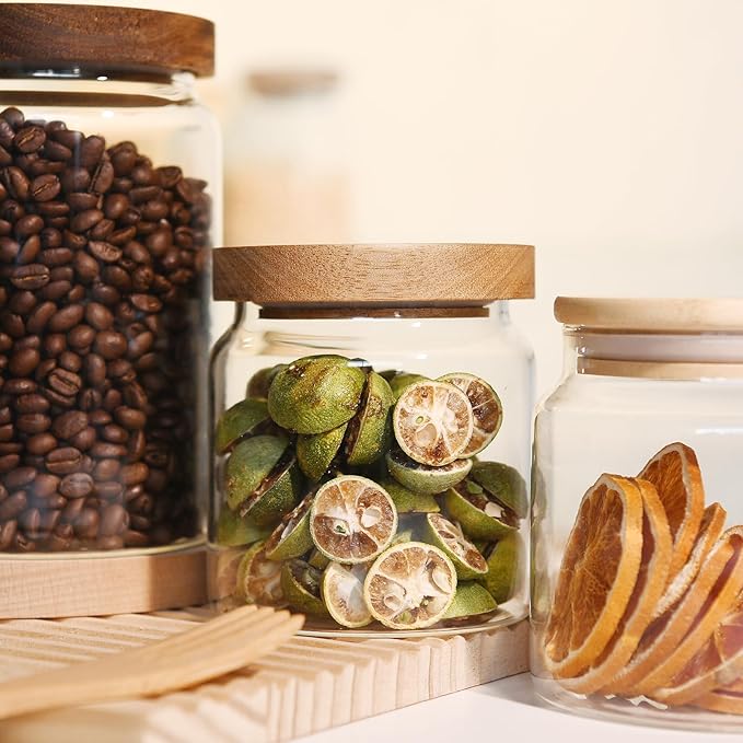 Custde Glass Jar with Lid, 28.7 FL oz Airtight Glass Storage Jar for Kitchen Counter, Pantry, Decorative Jar for Coffee, Sugar, Candy (Wooden 28.7 FL OZ)