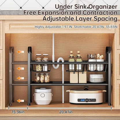 Under Sink Organizers and Storage, 2 Tier Expandable Length Adjustable Height Under Sink Organizer, Easy Assembly Heavy Duty Carbon Steel Space Saving Under Cabinet Shelf Storage Rack