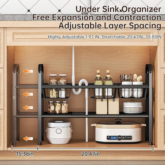 Under Sink Organizers and Storage, 2 Tier Expandable Length Adjustable Height Under Sink Organizer, Easy Assembly Heavy Duty Carbon Steel Space Saving Under Cabinet Shelf Storage Rack