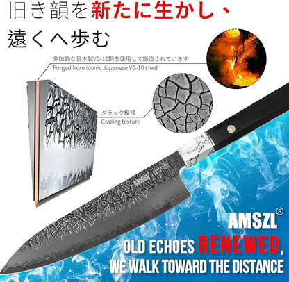8" Japanese VG10 Damascus Chef Knife – White Turquoise, Ebony Handle | HRC 60-62, stays sharp 3X longer. 5-layer Damascus, full tang octagonal ebony handle with genuine white turquoise