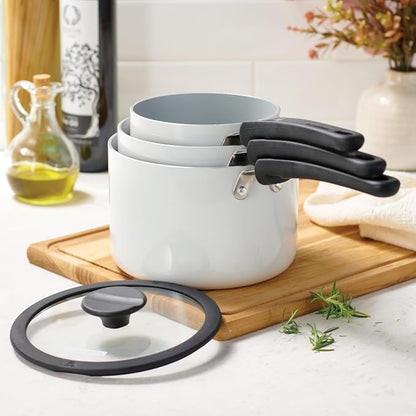 Tramontina Ceramic Non Stick 6-Piece Nesting Sauce Pan Set with Lids - Stackable Nonstick Cookware Set, Dishwasher and Oven Safe, White