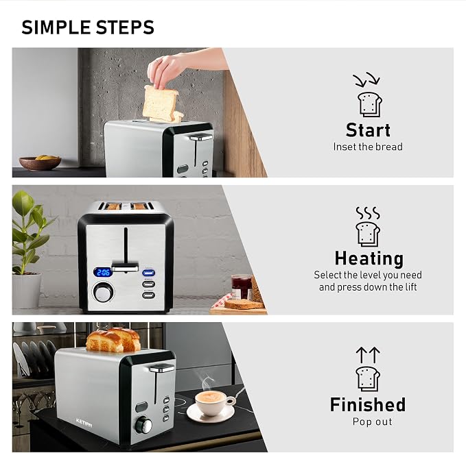 Toaster 2 Slice, Wide Slot Stainless Steel Toaster with 6 Browning Levels, Reheat & Defrost, for Bagel, Toast, Bread, Kitchen Essentials, Removable Crumb Tray (sliver)