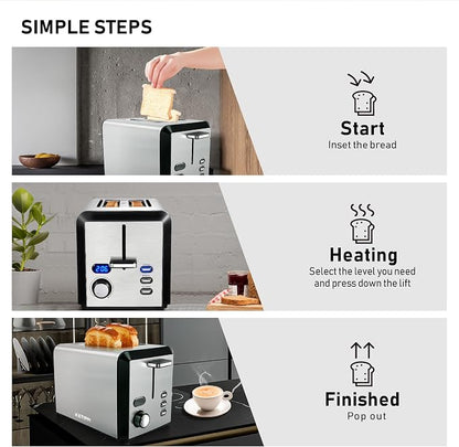 Toaster 2 Slice, Wide Slot Stainless Steel Toaster with 6 Browning Levels, Reheat & Defrost, for Bagel, Toast, Bread, Kitchen Essentials, Removable Crumb Tray (sliver)