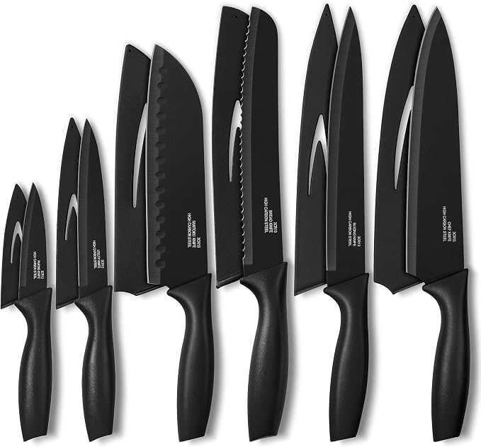 Onader Black Kitchen Knife Set, Stainless Steel Sharp Small Knives Set with Covers for Kitchen, 12 Pieces