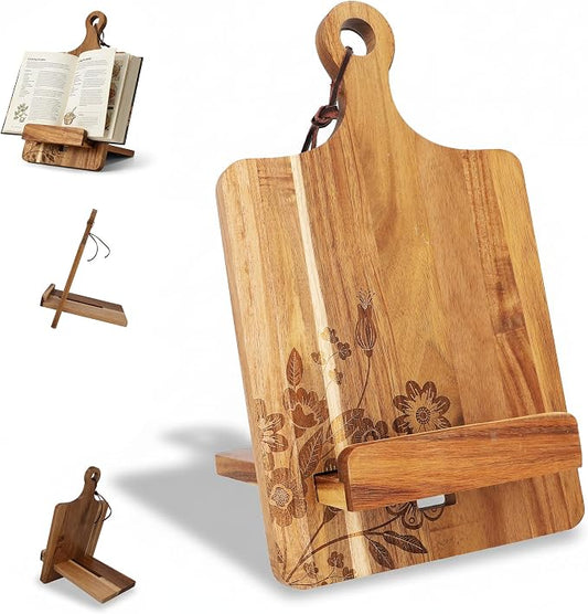 Wooden Cookbook Stand for Kitchen Counter - Reversible Recipe Book Holder with Cooking Measurement Conversion Card - Gift-Ready Adjustable Tablet Cookbook Holder Stand - 13.7"x8.2"