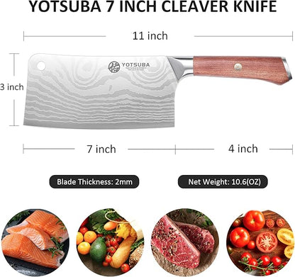 YOTSUBA 7 Inch Cleaver Knife-Ergonomic Rosewood Full Tang Handle, Ultra Sharp High Carbon German Steel Chopping Knife for Meat Vegetable, Gift Box for Home Cooks & Cooking Lovers