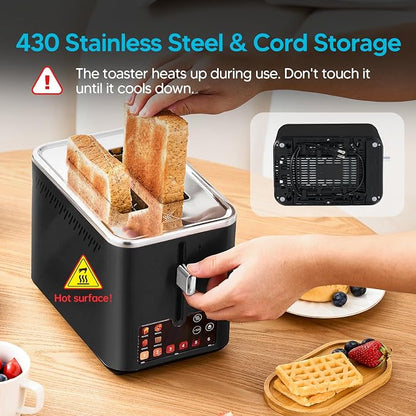 Touch Screen Electric Toaster 2 Slice, Stainless Steel Smart Toaster with Digital Timer, 1.38" Extra-Wide Slots for Bread& Bagel, Great for Home, Office,Dorm (Black)