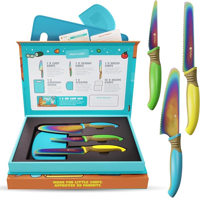 TruChef Kids Knife Set for Real Cooking | Skin Safe Chef Set for Ages 3+ with Rainbow Blades, Cutting Board, Scraper, Recipe Cards | Jr Chef Cooking Gift for Teens & Kids (16 Pcs)