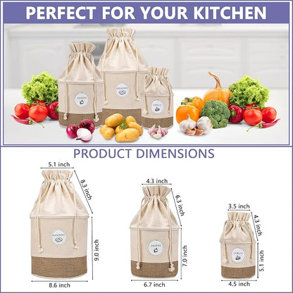 Meraki Home Potato Onion Garlic Storage Containers - Farmhouse Kitchen Storage Organization Pots - Sustainable Jute Cotton Vegetable Baskets Bins - Drawstring Holder