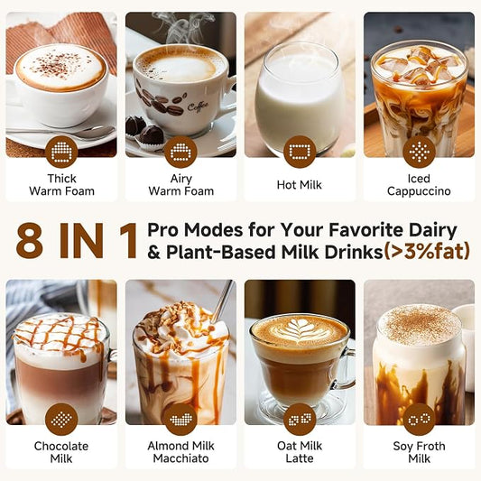 Milk Frother and Steamer [Upgraded], AMZCHEF All-in-1 Detachable Frother for Coffee 600W, Automatic Warm and Cold Foam Maker, Stainless Steel Jug, Dishwasher Safe, LED Display