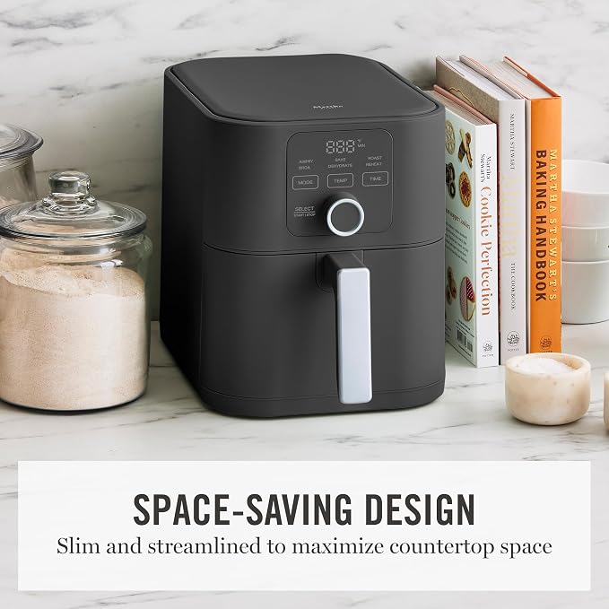 Martha Stewart 6QT Air Fryer, 6-in-1, Bake, Broil, Roast, Air Fry, Dehydrate, Reheat, Ceramic Non-Stick Basket, Crispy Results Fast, 400°F Max Temp, Shake Reminder, Caviar Gray