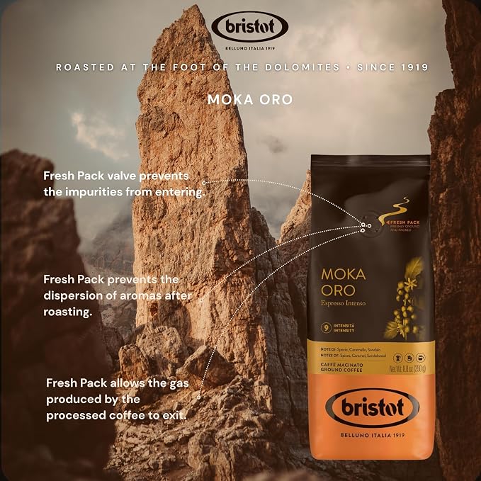 Bristot Moka Oro Ground Coffee – Italian Espresso – Medium Roast – Notes of Spices, Caramel & Sandalwood – For Moka, French Press, Pour Over – 8.8oz (250g)