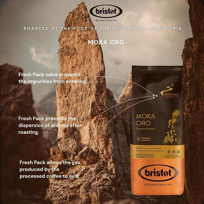 Bristot Moka Oro Ground Coffee – Italian Espresso – Medium Roast – Notes of Spices, Caramel & Sandalwood – For Moka, French Press, Pour Over – 8.8oz (250g)