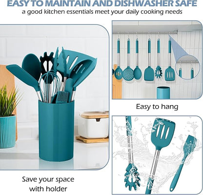 HaWare 29 PCS Silicone Cooking Utensils Set, Heat Resistant Kitchen Utensils Set with Stainless Steel Handle, Spatula Sets with Holder and Hooks, Kitchen Tools Gadgets for Nonstick Cookware -Blue