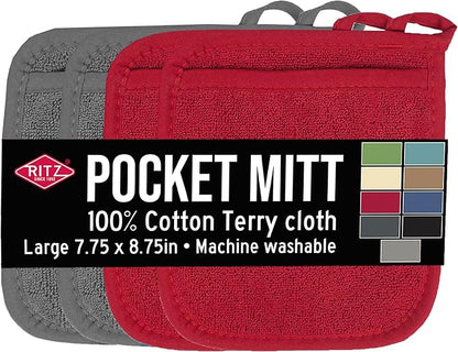 RITZ Terry Pocket Mitt & Hot Pad: Unparalleled Heat Resistant, Durable 100% Cotton – Ergonomically Designed for Optimal Grip – Easy-Care Machine Washable – 4-Pack, Graphite/Paprika