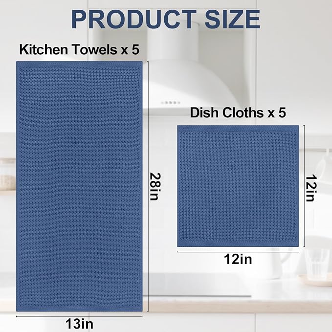 Homaxy 100% Cotton Kitchen Towels and Dishcloths Set, 12 x 12 Inches and 13 x 28 Inches, Set of 10 Bulk Kitchen Towels Set, Ultra Soft Absorbent Dish Cloths for Washing Dishes, Grey/Beige/Blue/Black