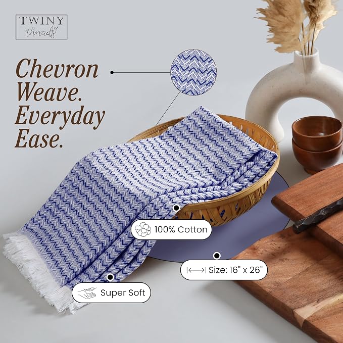 TWINY threads Kitchen Towel Chevron Pattern, Premium Large Kitchen Linen Set, 100% Cotton Wash Rags, Absorbent Quick Drying Cloths, Washable Reusable Multi Purpose, Set of 12, 16x26 Inch, Indigo Blue