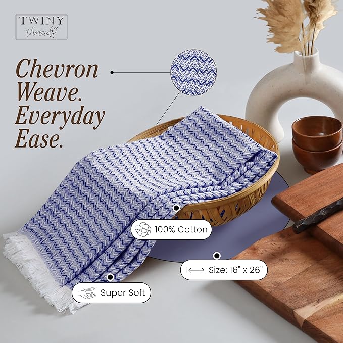 TWINY threads Kitchen Towel Chevron Pattern, Premium Large Kitchen Linen Set, 100% Cotton Wash Rags, Absorbent Quick Drying Cloth, Washable Reusable Multi Purpose, Set of 4, 16x26 Inches, Indigo Blue