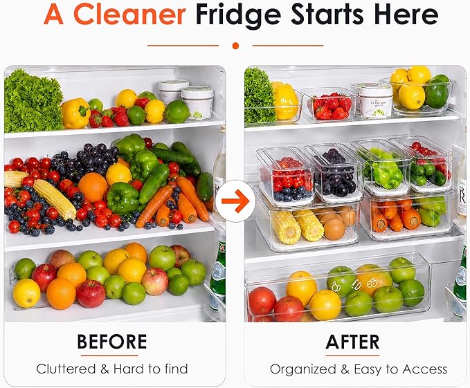 SMRCAD Fridge Organizers and Storage, 6 Pack Clear Freezer Organizer Bins with Lids for Kitchen, Pantry, Refrigerator, Food, Fruit, Vegetable Storage