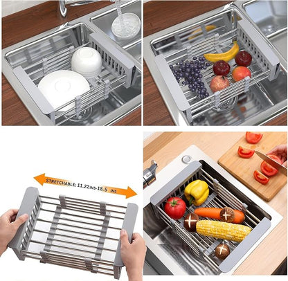 Dish Drying Rack, Adjustable Stainless Steel Drainer Basket Drain Tray for Dishes, Vegetables, and Fruit, On or in Sink Kitchen Basket Dish Drying Rack-Grey