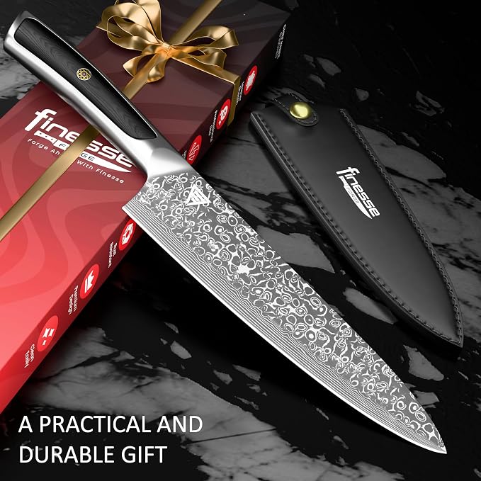 8" Professional Chef Knife, 67-Layer Damascus Steel Kitchen Knife with Ergonomic Handle, Premium Knife for Home & Professional Cooking + Leather Sheath & Gift Box