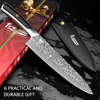 8" Professional Chef Knife, 67-Layer Damascus Steel Kitchen Knife with Ergonomic Handle, Premium Knife for Home & Professional Cooking + Leather Sheath & Gift Box