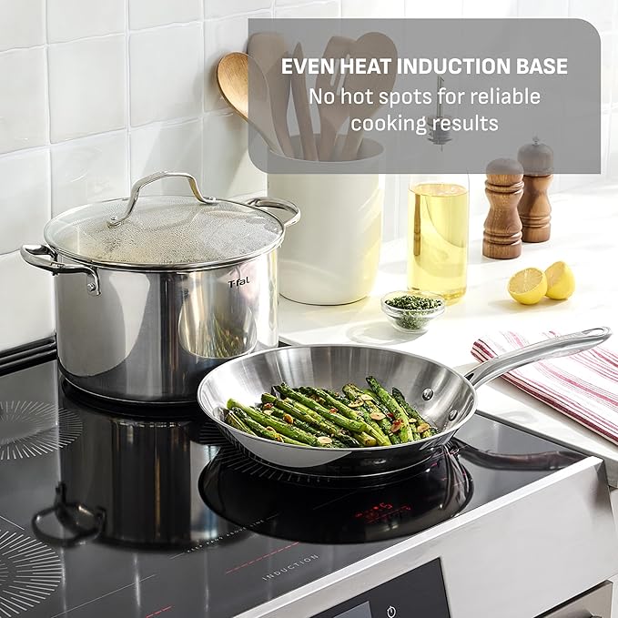 T-fal Gourmet 15-Piece Stainless Steel Cookware Set, Pots and Cooking Set, Dishwasher Safe, Oven Safe to 500°F, Induction Compatible, Sauce, Saute, Frying Pans, Silver