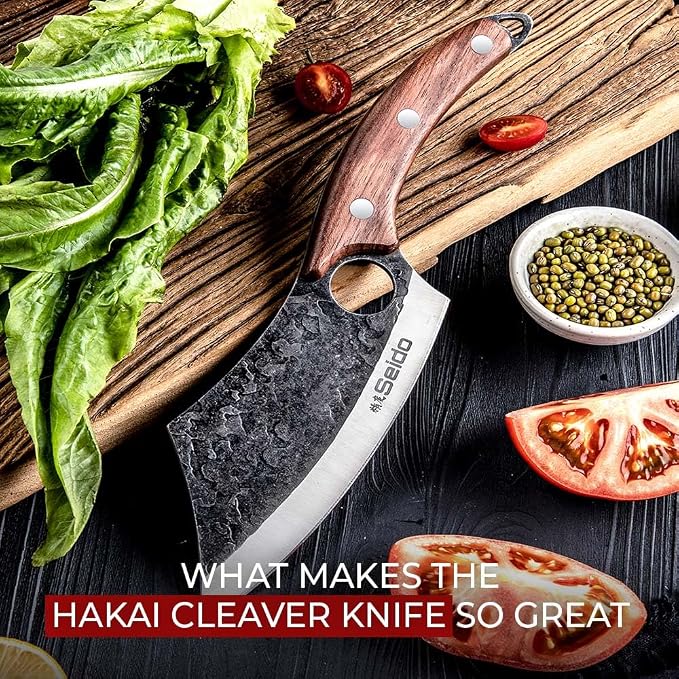 Seido Knives Hakai Chef Cleaver Knife | High Carbon Stainless Steel Meat Cleaver for Kitchen, Camping & BBQ | Japanese-Style Butcher Knife with Ergonomic Rosewood Handle & Leather Sheath