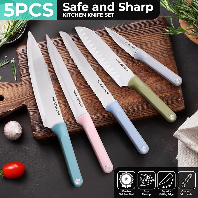 HAUSHOF Kitchen Knife Set, 5 PCS Colorful Kitchen Knives with Sheaths, Non-Stick Coated Stainless Steel Blades for Slicing, Dicing&Cutting, Gifts Knife Set with Ergonomic Handle for Dad, Mom, and Wife