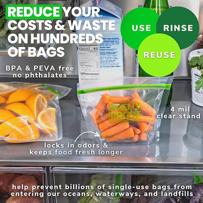 Smelly Proof 15 x Reusable Food Storage Bags, Reusable Freezer Bags, Reusable Snack Bags, Stand-Up Expandable “Stand & Fill”, Clear 3-Mil 6” x 4”, US Made, BPA FREE, NO PEVA, 15-pk