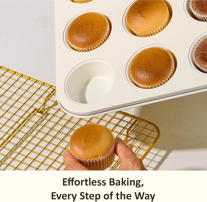 CAROTE 7-Piece Ceramic Baking Pans Set, Aluminized Steel Bakeware Sets, Toxin-Free Nonstick Stackable Oven Pans with Cookie Sheet, Muffin Pan, Loaf Pan, Roasting Pan, Cake Pans, Cooling Rack