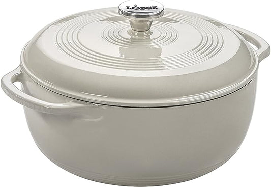Lodge 3 Quart Enameled Cast Iron Dutch Oven with Lid – Dual Handles – Oven Safe up to 500° F or on Stovetop - Use to Marinate, Cook, Bake, Refrigerate and Serve – Oyster White