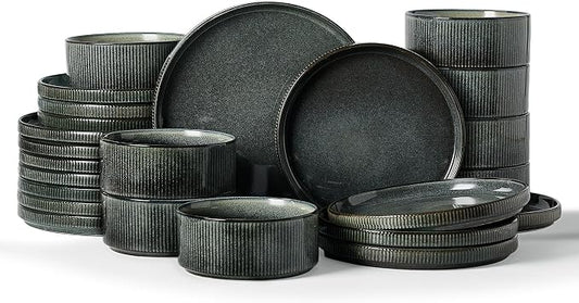 Famiware Star 24-Piece Plates and Bowls Set with Trim, Service for 8 - Stoneware Reactive Glaze Dinnerware, High Edge Ribbed Dishes, Chip & Scratch Resistant, Microwave & Dishwasher Safe, Deep Forest