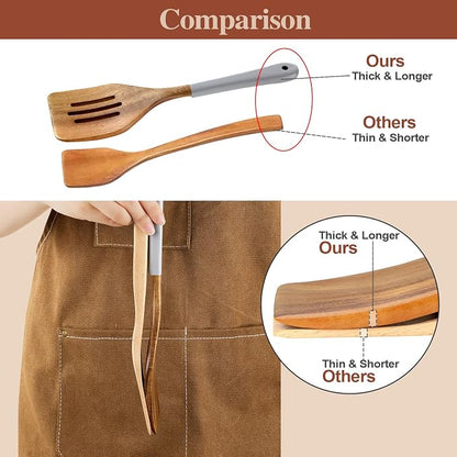 Wooden Spoons For Cooking, 6 Pieces Natural Acacia Wooden Cooking Utensils or Non-Stick Wooden Kitchen Utensil Set for Kitchen Essentials, Wood Cooking Utensils Set with Hanging Hole, Grey