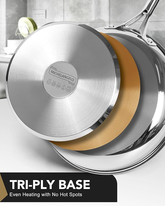 MICHELANGELO Stainless Steel Frying Pan Set with Lid, 8" 10" Cooking Pan set with Triply Base, Stainless Steel Skillet with Ergonomic Handle, Induction Compatible