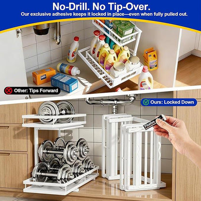 Under Sink Organizer, Dual-Rail Ball-Bearing, Under Kitchen Sink Organizer, 6-Level Adjustable, Under Cabinet Organizer, No-Drill Adhesive/Suction, Under Sink Storage (White, Double Layer - 1 Pack)