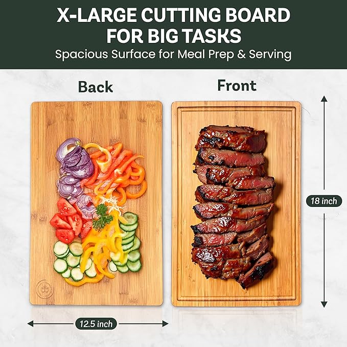 Bamboo Cutting Board for Kitchen - 18" Extra Large Wooden Cutting Board, Heavy Duty Chopping Board with Side Handles, Deep Juice Groove, Reversible Charcuterie & Cheese Board for Meat and Serving