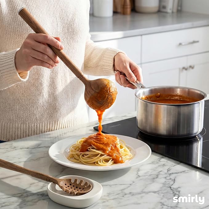SMIRLY Wooden Spoons for Cooking - 12-Piece Premium Acacia Wood Utensil Set with Ceramic Holder & Spoon Rest, Non-Scratch Cooking Utensils Set for Nonstick Cookware, Luxury Kitchen Gift Set [Acacia]